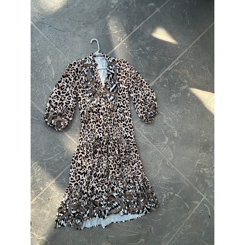 Egoiste Leopard Animal Print Maxi Dress Tiered Skirt Boho V Neck